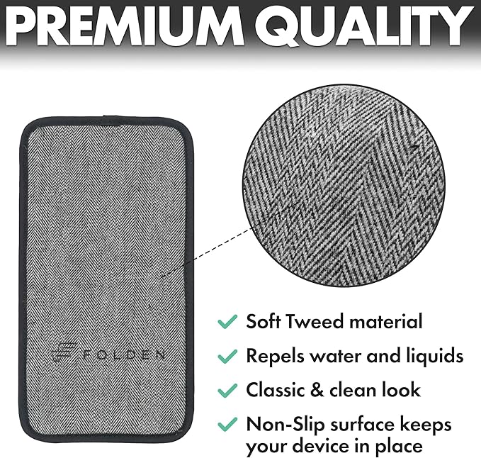 Folden Phone & Tablet Holder Stand 9x5” – Flexible Stand for Flying, Traveling, in-Flight, Zoom Video Calls, Books – Airplane Travel Essential, Compatible with iPhone, Android, Kindle (Tweed)