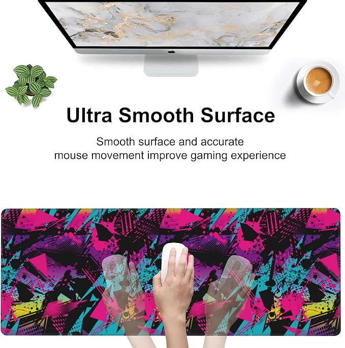 Abstract Grunge Elements Desk Mat,Large Neon Color Patterns Gaming Keyboard Mouse Pad,Non-Slip Rubber Base Desk Pad Thick Stitched Edges Waterproof Mousepad Mouse Mat 31.5"x11.8"