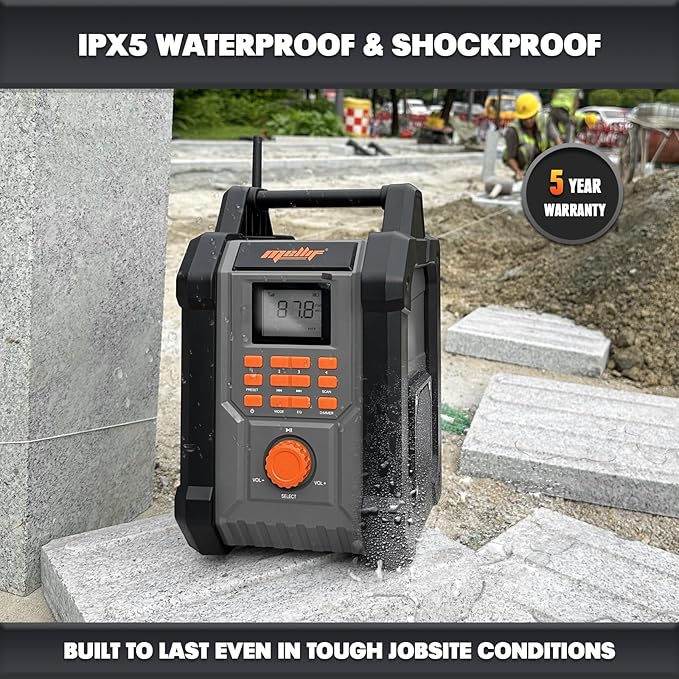 Mellif Jobsite Radio Speaker Compatible with Dewalt 20v Max Battery, Enhanced Signal Reception, 100ft Wireless Range, Stereo, IPX54 Waterproof, TWS, AM/FM Presets, 2.0 Battery & 18V AC Power Cord