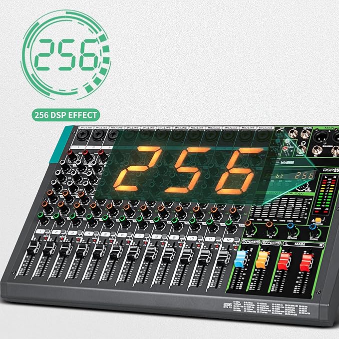 Depusheng PA12 Professional Audio Mixer Sound Board Console Desk System Interface 12 Channel Digital USB Bluetooth MP3 Computer Input 48V Phantom Power Built-in 256 Reverb Effect, Black