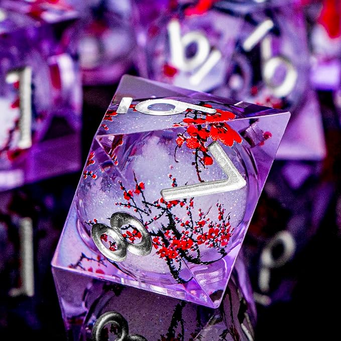 Plum Blossom DND Dice Purple Liquid Core Dice Set with Metal Box, Handmade Sharp Edge Dice D and D Polyhedral Dice for use with D&D RPG Role Playing Game