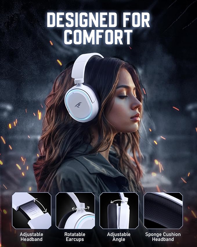 Wireless Gaming Headset, 7.1 Surround Sound, 2.4GHz USB Gaming Headphones with Bluetooth 5.4, 100H Battery, ENC Noise Canceling Mic, RGB Light, Wireless Headset for PC PS5 PS4 Mac Switch (Black-White)
