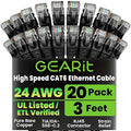 GEARit Cat 6 Ethernet Cable Pack - 20-Pack 3 ft Cat6 Ethernet Patch Cables | RJ45 Network Patch Cable, 10 Gbps Snagless Gold-Plated Connectors - Ethernet Cable Cat 6 for PC, TV, Router - Black