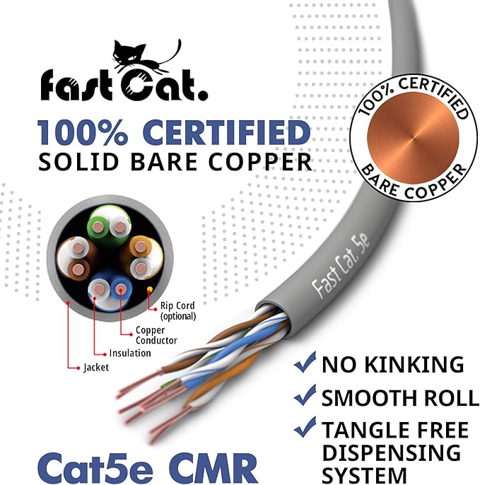 fast Cat. Cat5e Ethernet Cable 1000ft - 24 AWG, CMR, Insulated Bare Copper Wire Cat 5 ethernet Cable with FastReel - 350MHZ / Gigabit Speed UTP Cable Cat5e - CMR (White)