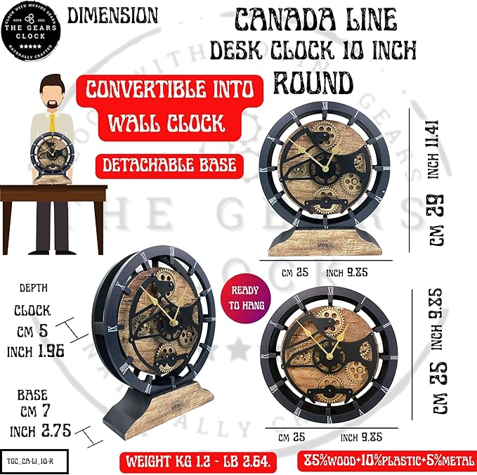 The Gears Clock Desk Clock 10 inches with Real Moving Gears Convertible into Wall Clock (White Farmhouse)
