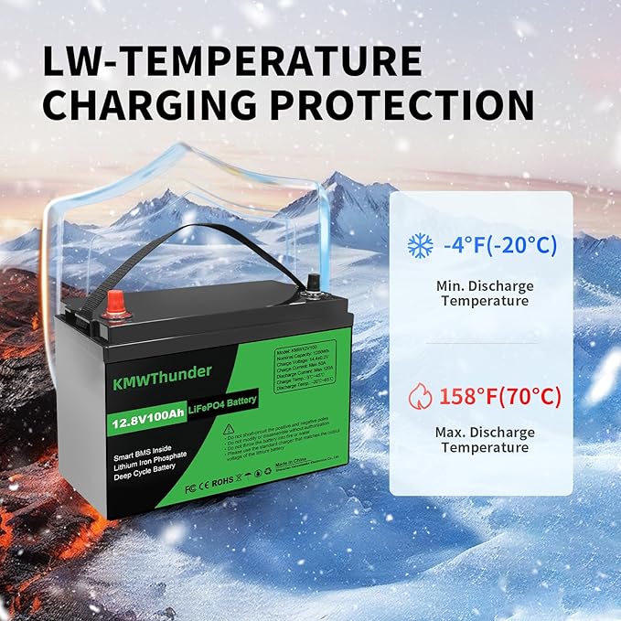 12V 100Ah LiFePO4 Lithium Battery, Built-in Smart BMS, Low Temperature Protection Group Deep Cycle Battery for Trolling Motor, RV, Solar, Marine, Camping and Off Grid Applications