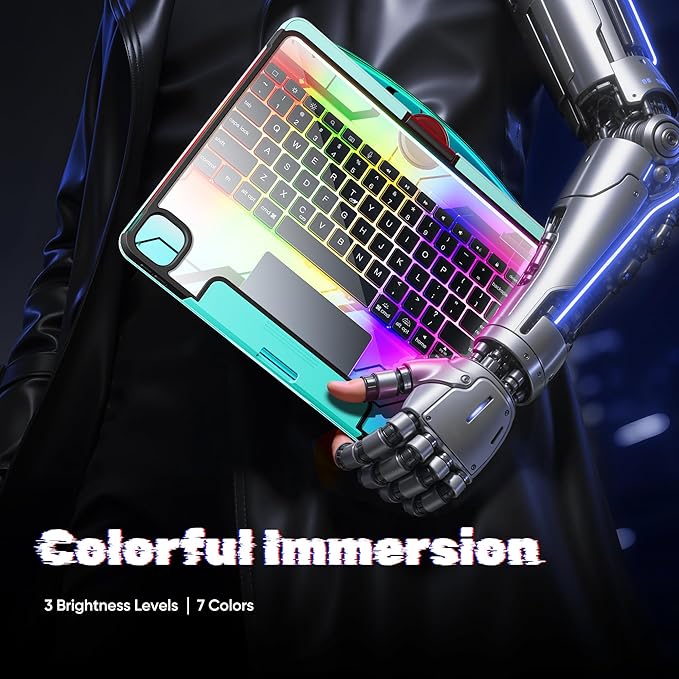 KITONE Transparent Case with Wireless Keyboard for iPad 11th Gen 11-in.(A16, 2025), 2022 iPad 10th Gen 10.9-in, 7 Colors Backlight, Trackpad, 360°Rotating Stand, Tech Style