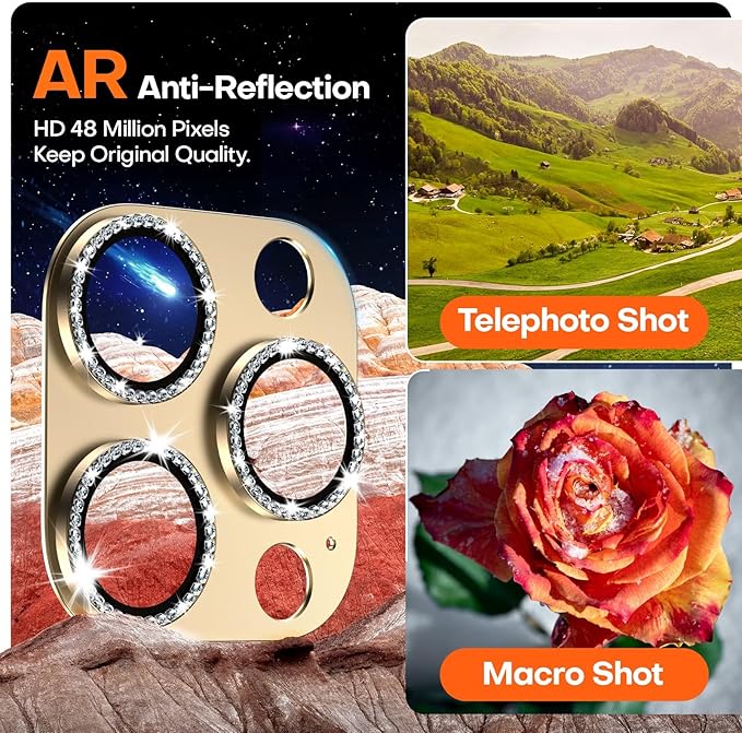 Camera Lens Protector for iPhone 16 Pro Max/16 Pro/iPhone 15 Pro Max/15 Pro/iPhone 14 Pro Max/14 Pro, Aluminum Alloy Sapphire Glass Camera Screen Cover, Case Friendly- Gold Diamond