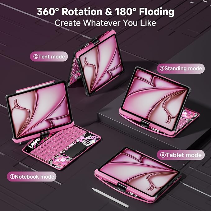 Keyboard Case for iPad 11 inch Pro 4/3/2/1st Gen & 11’’ iPad Air 2025 M3, 2024 M2 & 10.9" iPad Air 5th/4th Gen, 360° Rotating Stand Transparent Protective Cover with Pencil Holder (Pink)