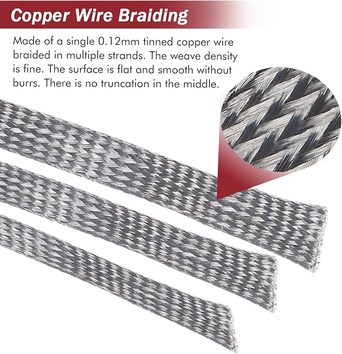 Tinned Copper Metal Braid Sleeving Wire Shielding Sleeve Braided Copper Ground Straps EMI/RFI Interference Expandable Flat Mesh Shielding Cable for Protect Wire (1/2inch-13ft)