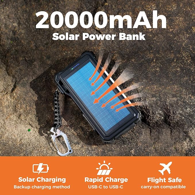 BLAVOR Solar Power Bank 20000mAh/74000mWh Built-in Cables, Wireless Charger for Apple Watch, 20W Fast Charging Battery Pack with USB C, Flashlight, Solar Charger for iPhone, iPad, iWatch, Samsung