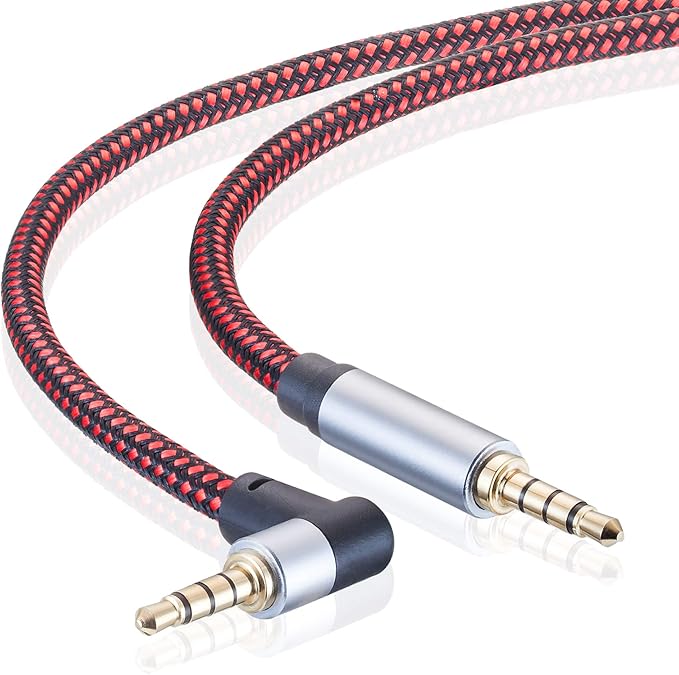 Male to Male Audio Cable 6Ft, 90 Degree TRRS 3.5mm 4 Pole Nylon Braided Stereo Aux Cable for Headphones, PS4, Phone, Tablet, Headset, PC, Laptop and More