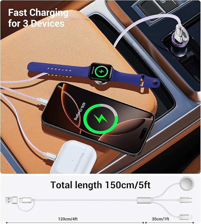 Temdan for Travel Vacation Essentials,3 in 2 USB C Cable for Apple Watch Charger/iPhone 16 Charger/Lightning,Multi Charging Cable Cord,Camping Essentials,Designed for iWatch &iPhone 16-12-5FT Purple