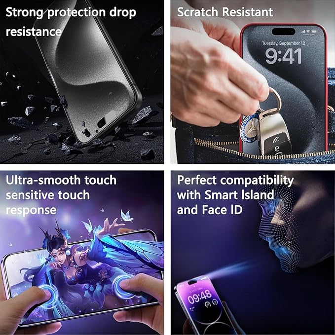 Matte Screen Protector for iPhone 17, iPhone 16 Pro 6.3-Inch, Auto Dust Removal, 9H Tempered Glass, Full Cover, Anti-Fingerprint, Easy Installation, 2 Pack