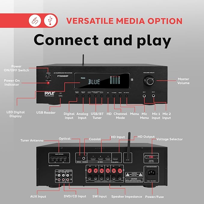 Pyle 1000W Bluetooth Home Theater Receiver - 5.2 Channel Surround Sound Stereo Amplifier System with 4K Ultra HD, 3D Video & Blu-Ray Video Pass-Through Supports, HDMI/MP3/USB/AM/FM Radio - Pyle, Black