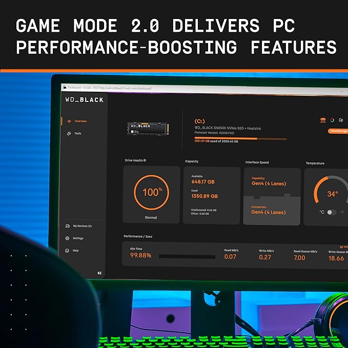 WD_BLACK 2TB SN850X NVMe Internal Gaming SSD Solid State Drive with Heatsink - Works with Playstation 5, Gen4 PCIe, M.2 2280, Up to 7,300 MB/s - WDS200T2XHE