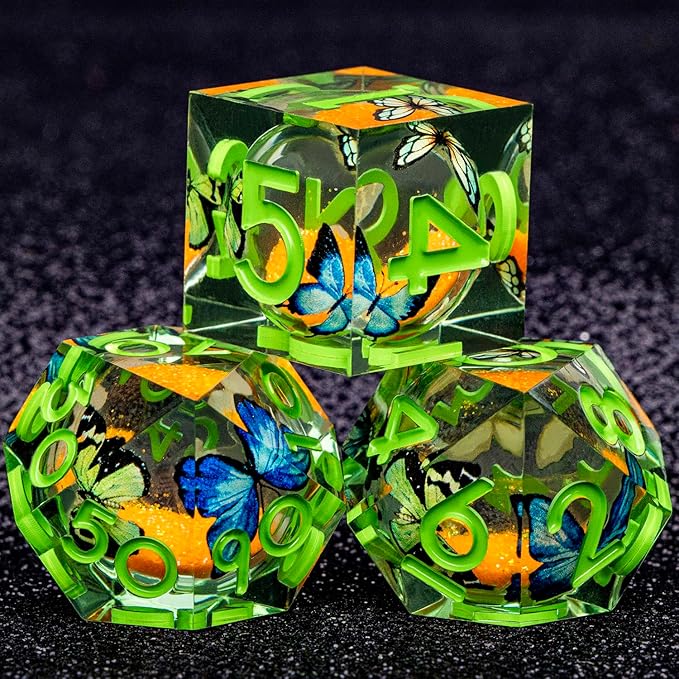 Butterfly DND Dice Green Liquid Core Dice Set with Metal Box, Handmade Sharp Edge D and D Polyhedral Dice for use with D&D Role Playing Game, D20 D12 D10 D8 D6
