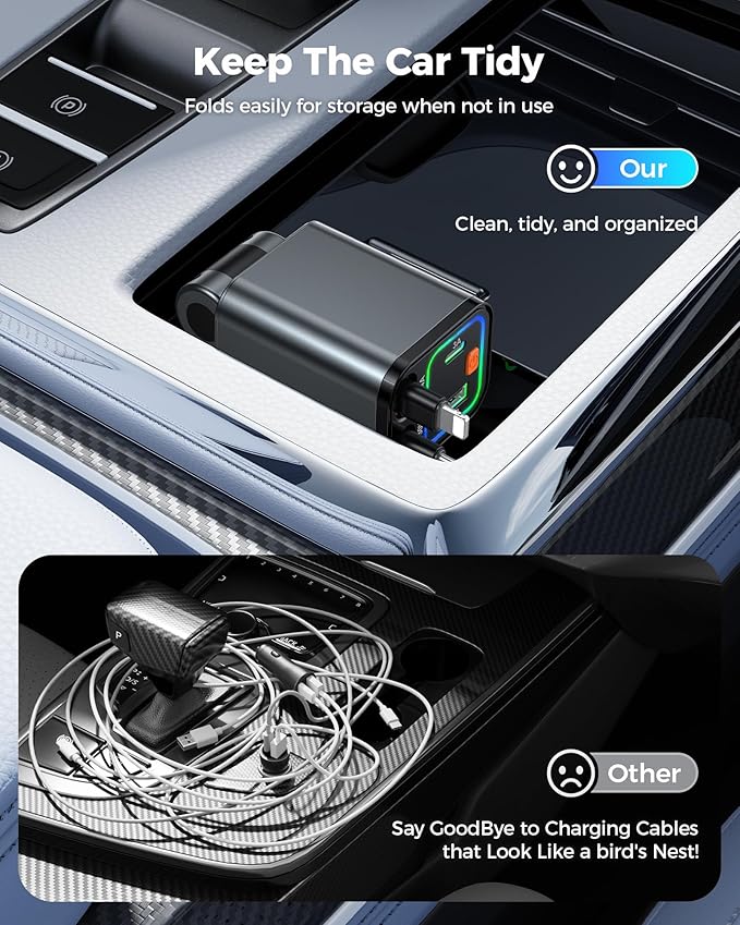 Retractable Car Charger 84W, 4-in-1 Fast Car Charger with Retractables 2.6ft, Cigarette Lighter Charging Block USB+USB C Cube for iPhone 16 Pro MAX 15 14 13 12 Plus,Samsung Galaxy,Pixel