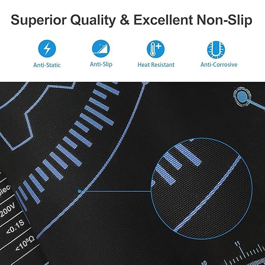 KooMall 36x24 Inch Anti Static Rubber Mat Kit for ESD Sensitive Electronic Device Repair, Soldering, PC Building, Assembly, Table Work, With Grounding Plug Cord, Antistatic Wrist Strap, Heat Resistant