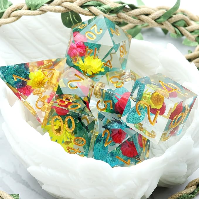 Haxtec Flower Sharp Edge Dice Resin DND Dice Set 7PCS Yellow Blue Red Polyhedral D&D Dice for Role Playing Dice Games Compatible with Dungeons and Dragons
