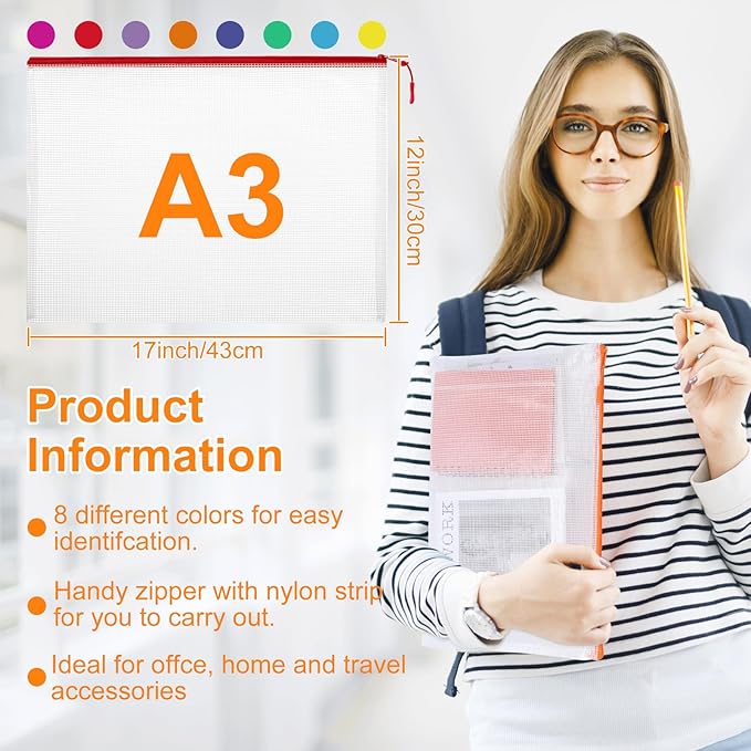 20pcs A3 17x12 Inches Extra Large Zipper Bags, Reusable Mesh Pouches for Office Supplies, Classroom Organization