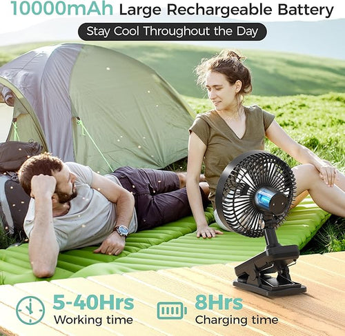 10000mAh Clip On Fan, 42H Run, Quiet & Auto Oscillating Table Fan, Rechargeable with 4 Powerful Speeds, Battery Operated Desk Fan with Sturdy Clamp for Camping Outdoor Travel RV Home Bedroom Office