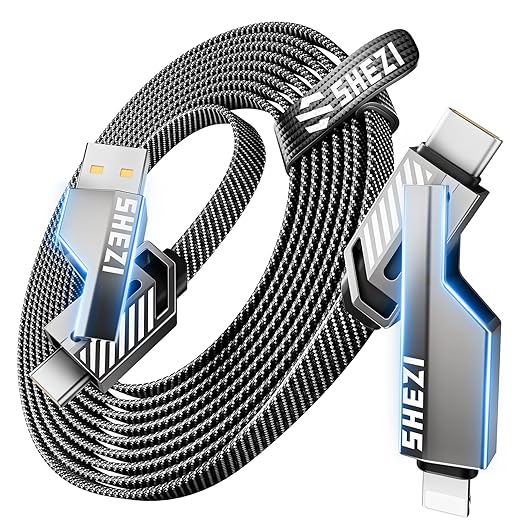 [One is Enough]4-in-1 USB C to Lightning Cable, 46W High-Speed Charging & Fast Data Transfer,CarPlay & Android Auto Support Multi Charger Cord Combo Lightning/Type C/USB A for iPhone/Samsung/iPad,5FT