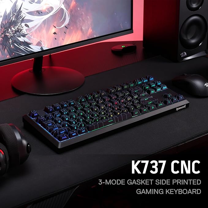 Redragon K737 PRO Wireless 87 Keys Gasket Gaming Keyboard, 80% Premium CNC Aluminum Mechanical Keyboard, Hot-Swap South-Facing LED Socket, 5-Layer Noise Dampening, Side-Printed PBT Contour Line Keycap