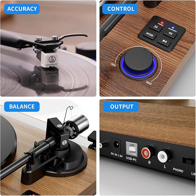 Bluetooth Turntable HiFi System with 36 Watt Bookshelf Speakers, Patend Designed Vinyl Record Player with Magnetic Cartridge, Bluetooth Playback and Auto Off