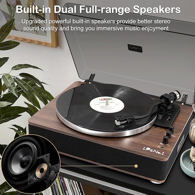 LP&No.1 Vinyl Record Player with Built-in Speakers, Vinyl Turntable with Magnetic Cartridge, Wireless,USB Recording and Playback,BT Out, Aux-in, Headphone Output,Auto Off, AT-3600L, 2-Speed Player