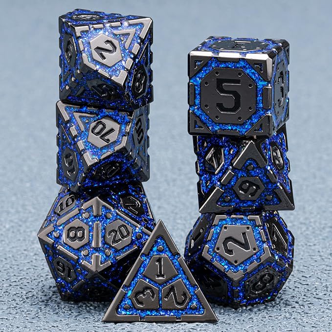 DND Metal Dice Set with Cracks, Polyhedral Dice for RPG D&D Dungeons and Dragons RPG TTRPG D and D 7-Die with Gift Case (Black Nickel Sapphire Blue)