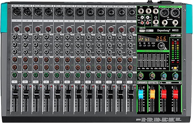 Depusheng MX12 12 Channel Sound Mixer Audio Mixing Console 48V 256DSP Professional USB PC Play Record Podcast Live Broadcast (US MX12)