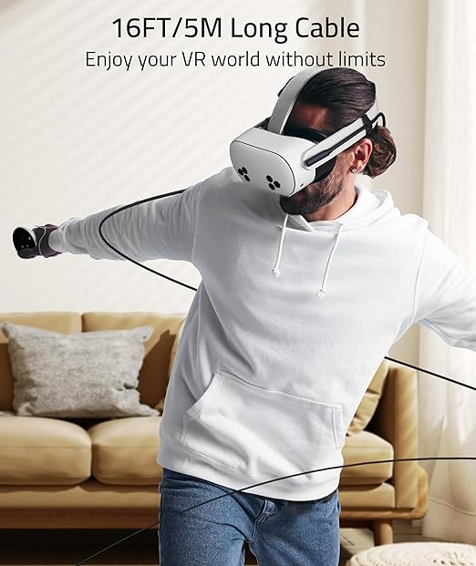 Syntech Link Cable 16FT Compatible with Oculus/Meta Quest 3/Quest 3S/Quest2/Pro/Pico 4 and PC/SteamVR, Upgraded Type C with USB 3.0 Adapter, High Speed Data Transfer Cord for VR Headset, Black