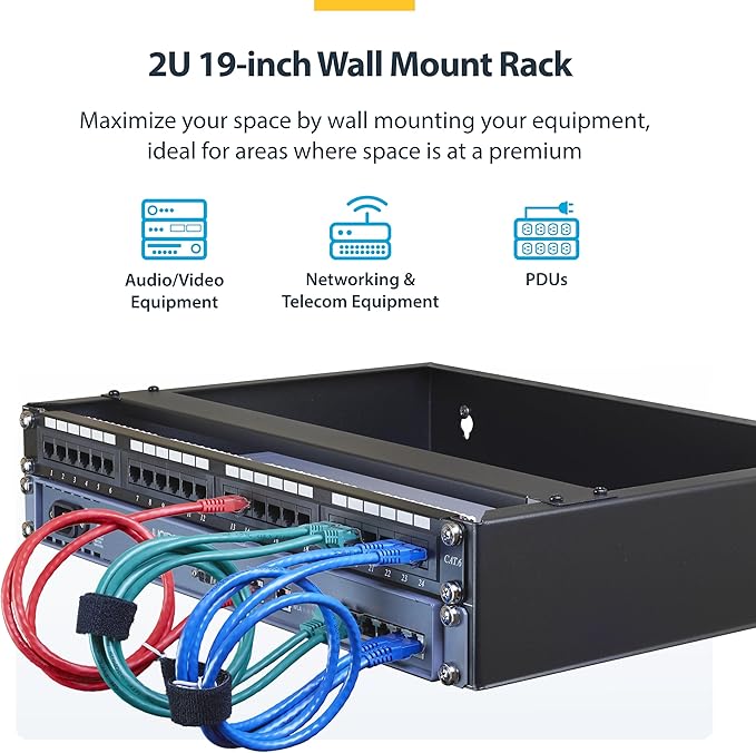 StarTech.com 2U Wall Mount Network Rack - 14 in Deep (Low Profile) - 19" Patch Panel Bracket for Shallow Server, IT Equipment, Network Switches - 77lbs/35kg Weight Capacity, Black (RACK-2U-14-BRACKET)