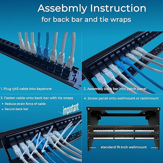 Rapink Patch Panel 24 Port Cat6 with Inline Keystone 10G Support, Pass-Thru Coupler Patch Panel UTP 19-Inch with Removable Back Bar, 1U Network Panel for Cat6, Cat5e, Cat5 Cabling