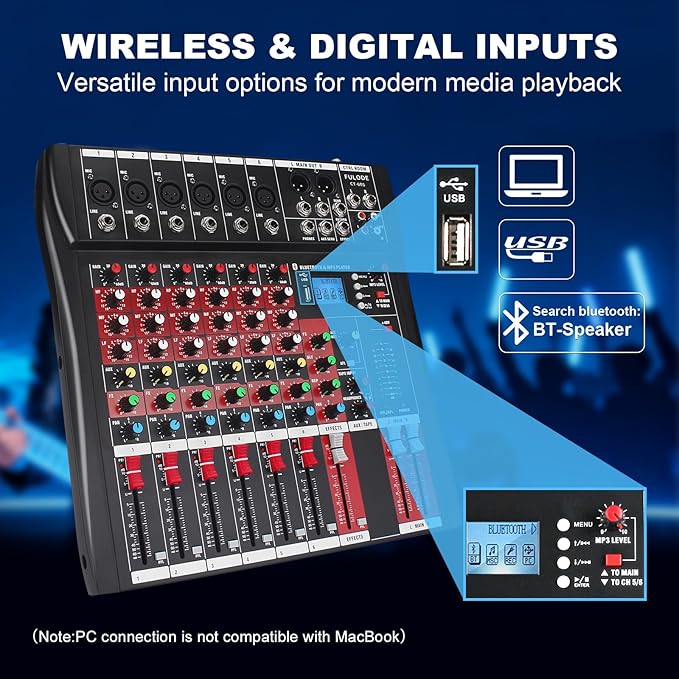 6 Channel Audio Mixer, Professional Music Mixer Board DJ Mixing Console with Bluetooth, USB/MP3 Player, Reverb, and 48V Phantom Power for Studio Recording, Karaoke, and Live Performances