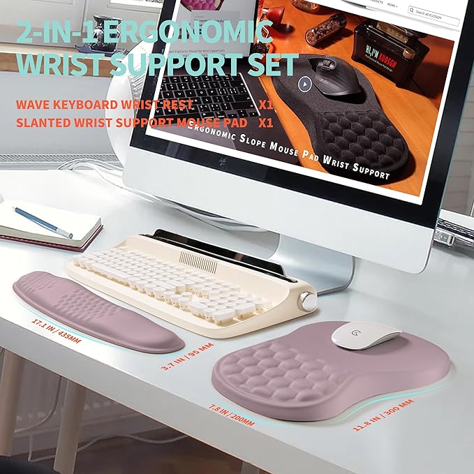 2-in-1 Ergonomic Set, Wave Rise Keyboard Wrist Rest and Massage Bulge Slope Mouse Pad Wrist Support, Cushion Memory Foam Integrated to Relieve Wrist Pain, Purple