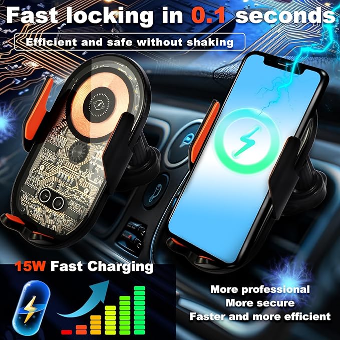 Car Phone Holder, Wireless Car Charger Air Vent Auto-Clamp Cell Phone Car Mount with Metal Hook Clip, 360° Rotation - One Button Release for iPhone, Samsung, Google, and All Other Smartphones