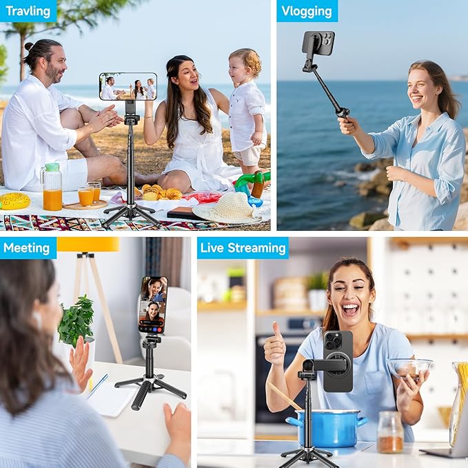 4-in-1 Multifunctional 360° Rotation Magnetic Selfie Stick, Mini Tripod with Detachable Wireless Remote & Portable Selfie Stick Tripod for Photograph, Recording, Travel Vlog，Live Streaming