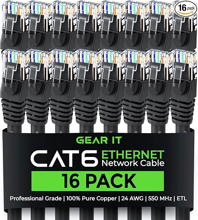 GearIT Cat 6 Ethernet Cable (16-Pack 3 Feet) Cat6 Network Patch, 10Gbps, RJ45, Snagless Cord, Gold-Plated Connectors, Internet for PC, TV, Tablet, Router, Printer, Servers, IT Data Center - Black