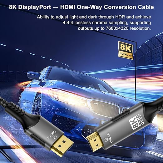 FDBRO 8K DisplayPort to HDMI Cable Active 8K@60Hz 4K@120Hz 32.4Gbps, Uni-Directional, DP 1.4 to HDMI 2.1 Cord Support HDR/HDCP 2.2/DSC 1.2 for Gaming Monitor, TV, PC (Gray & Black, 3M (10FT))