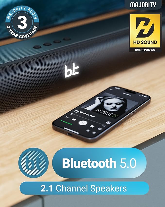Majority Bluetooth 120W TV Sound Bar for Smart TV, 24 Inch, 2.1 Channel, 3D Sound with Built-in Subwoofer | EQ Control, HDMI Arc, Optical, AUX, Remote, and Wall Mountable Naga 60 Soundbar for TV