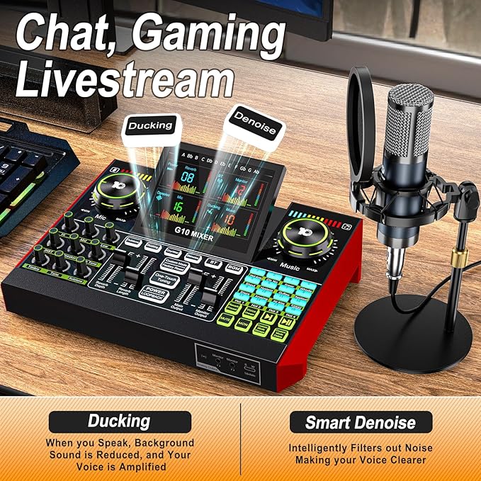 Podcast Equipment Bundle with Live Sound Card Audio Mixer, 3.5mm Condenser Microphone for PC/Phone Streaming and Singing, Podcast Microphone Bundle with Voice Changer sound board