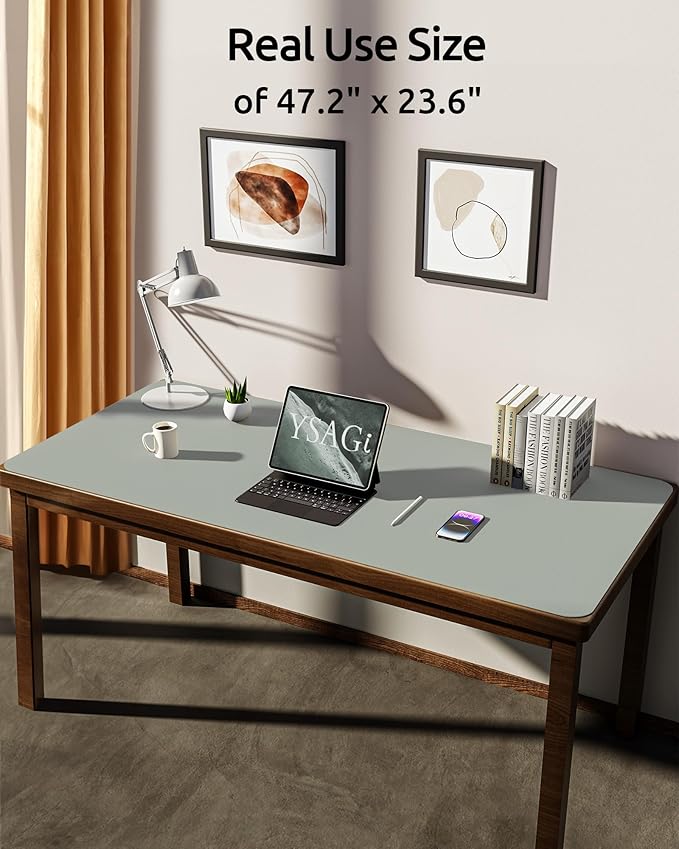 YSAGi Leather Desk Protector, Office Mat, Large Mouse Mat, Non-Slip PU Leather Blotter, Laptop Desk Pad, Waterproof Writing Pad for Office and Home (Grayish Green, 47.2" x 23.6")