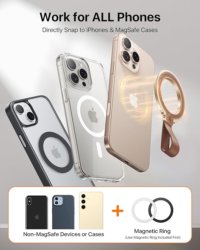 andobil[2025 Premium Leather]Magnetic Phone Grip for MagSafe[Unrivaled Stability]Adjustable Phone Ring Kickstand with Leather Loop Compatible with MagSafe Accessories&iPhone 16 Pro Max/15/14/13,Brown