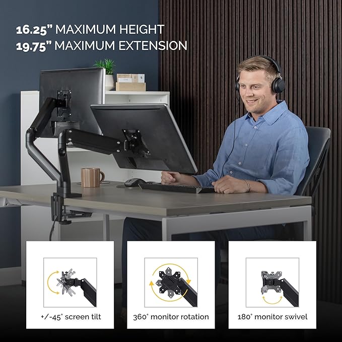 Fellowes Platinum Series Dual Monitor Arm for 40-Inch Monitors, Full Motion, 360° Rotation, VESA Mount with Grommet or Clamp, USB Ports, Ergonomic, Black, 8042501