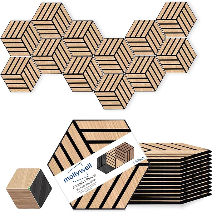 Mollywell Hexagon Acoustic Panels, Natural Oak TH4, 14x12x0.4 Inch, 12 Pack |Wood Veneer|High Density Sound Proofing Wall Panels|Self Adhesive Sound Dampening Felt Wall Tiles|Home Theater|Gaming Room|