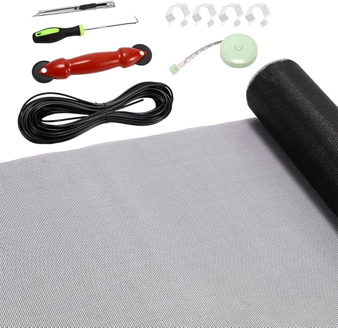 FLYZZZ Windows Screen Door Repair Kit Fiberglass Mesh 48''x197'' Black Window Screen Repair Kit Replacement Mesh Tool for Patio Screen Sliding Door Screen (Black, 48X197'')