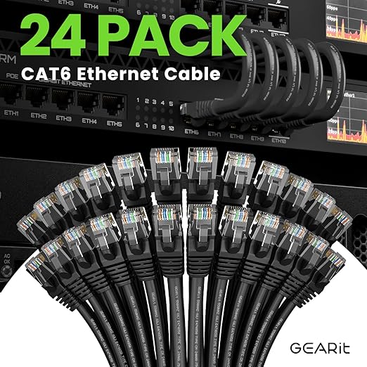 GEARit Cat 6 Ethernet Cable Pack - 24-Pack 7 ft Cat6 Ethernet Patch Cables | RJ45 Network Patch Cable, 10 Gbps Snagless Gold-Plated Connectors - Ethernet Cable Cat 6 for PC, TV, Router - Black