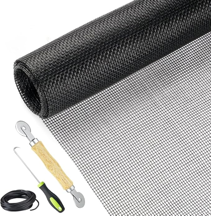 Screen Repair Kit Easy DIY Project 36" x 90" Fiberglass Screen Mesh with Rolling Tool and Screen Retainer Spline Screen Replacement kit for Windows Sliding Doors and Patio Screens (36" x 90", Black)